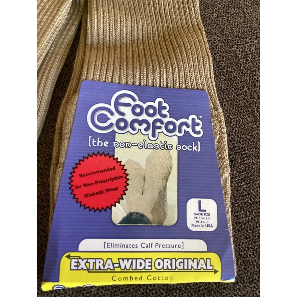 Foot Comfort MENS Socks Non Elastic Large Ribbed Beige Extra Wide And Nonbinding